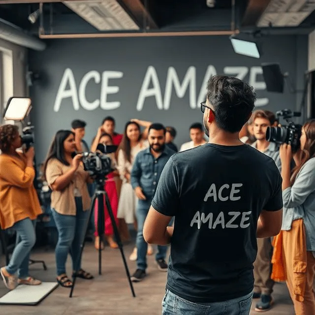 Ace Amaze team members, including a cameraman and director, on set for a professional video shoot in front of a branded wall, highlighting the in-house production services of a digital marketing company dehradun.