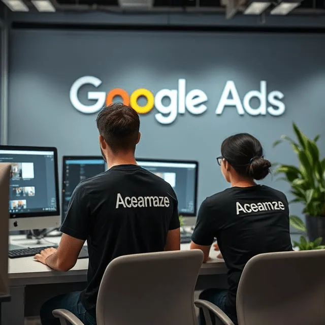 Two Ace Amaze team members working on computers with their backs to the camera, under a large "Google Ads" sign, representing the agency's certified PPC management services in Dehradun.