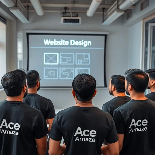 Ace Amaze team members, seen from behind, attending a presentation on a screen that reads "Website Design," demonstrating the expertise of a premier website developers company in Dehradun.