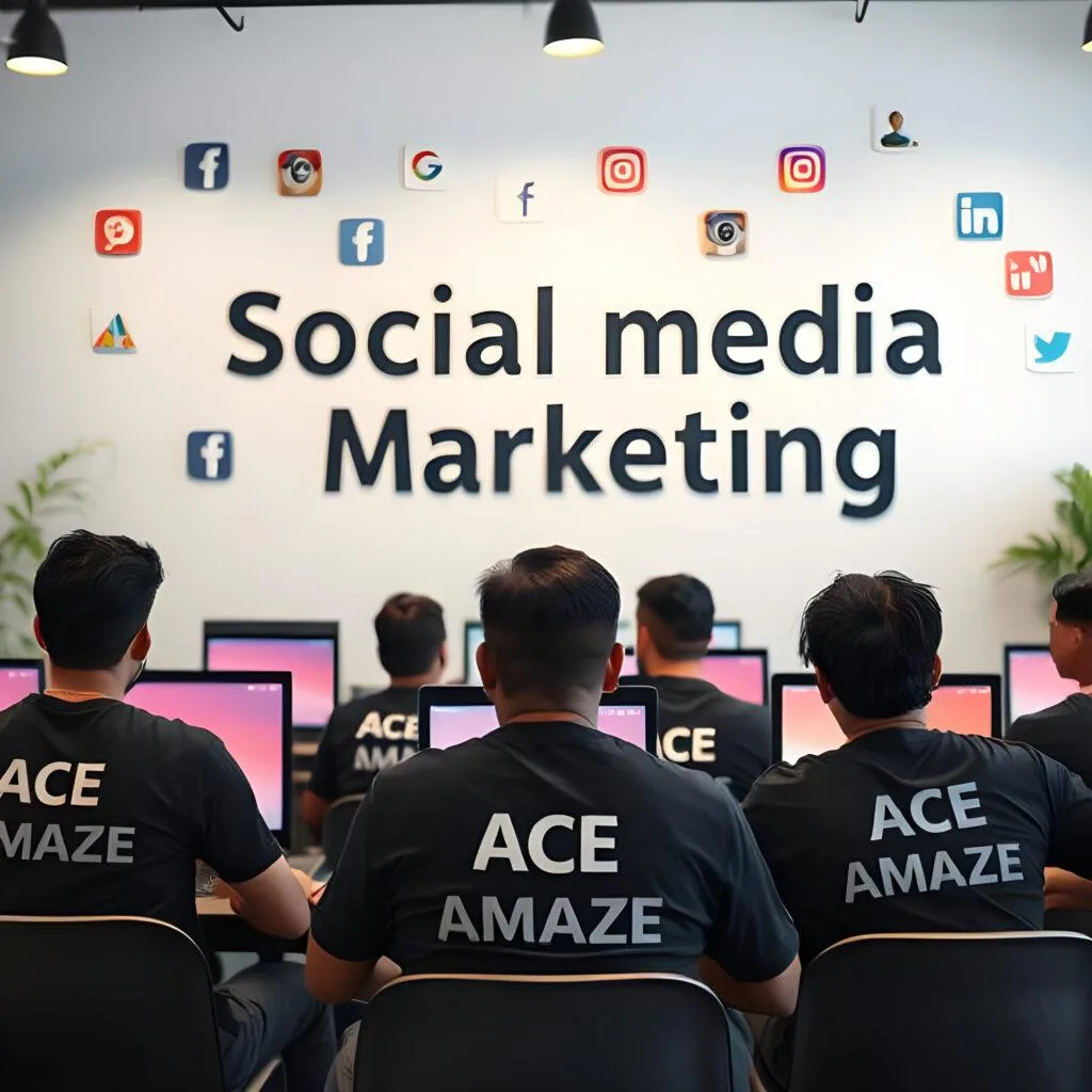 Ace Amaze team members in black t-shirts working at computers under a sign that reads "Social Media Marketing" with various social media logos, representing the expert social media marketing agency.