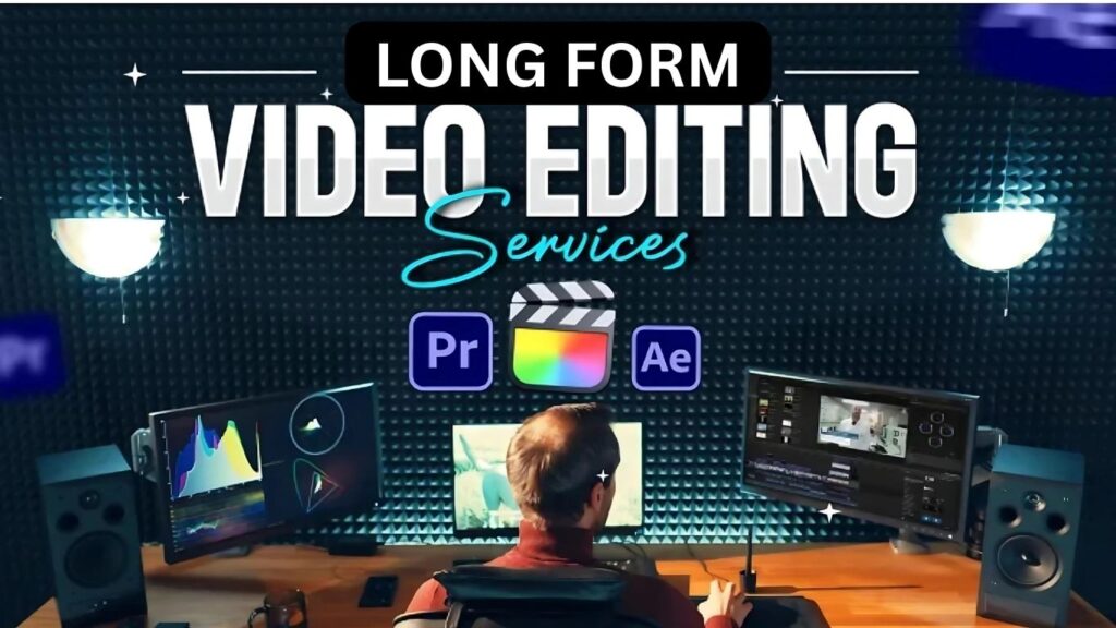 Image of a video production suite, highlighting the use of top software for Long Form Video Editing Services within digital marketing packages.
