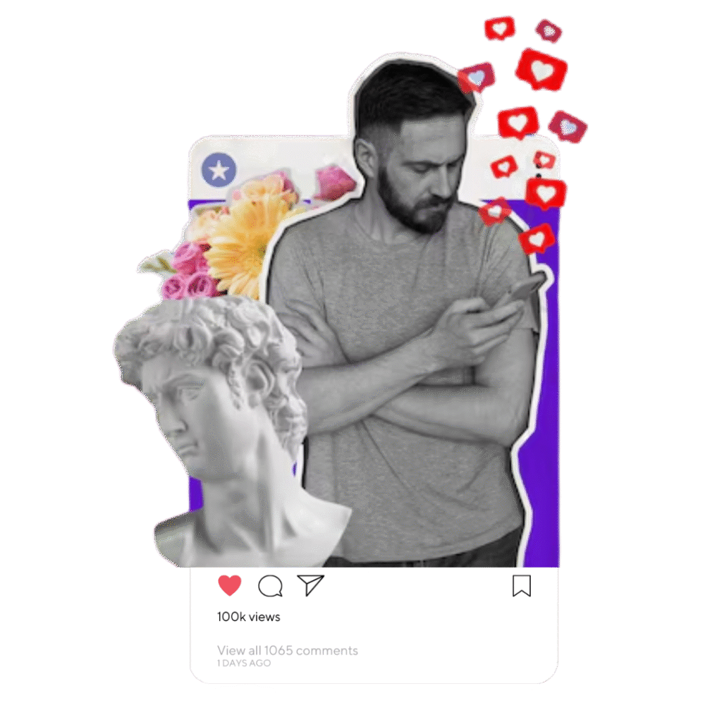 Collaged image of a man looking at his phone with floating heart icons, confirming 100k views on a social media post, representing successful digital marketing in Dehradun.