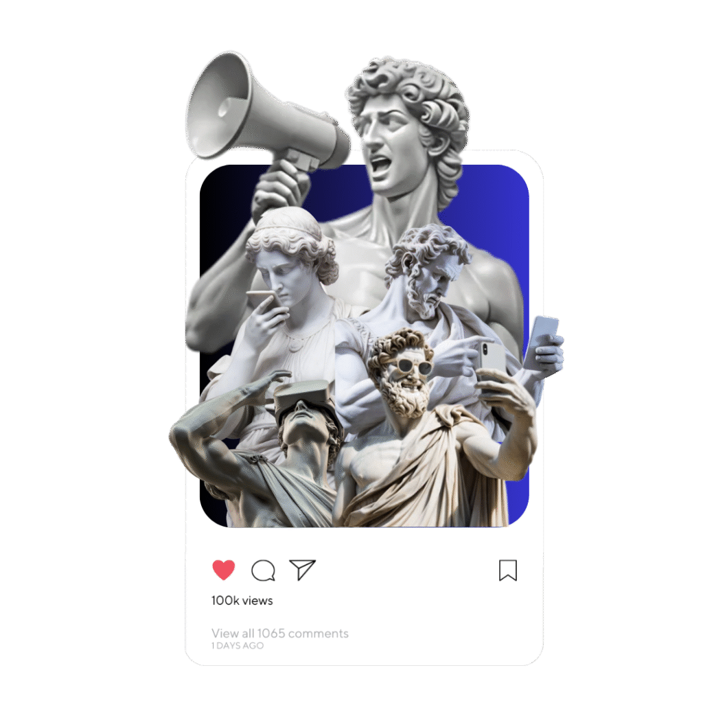 Artistic image of classical statues interacting with mobile phones, overlaid on an Instagram post showing 100k views, representing successful social media marketing in Dehradun.