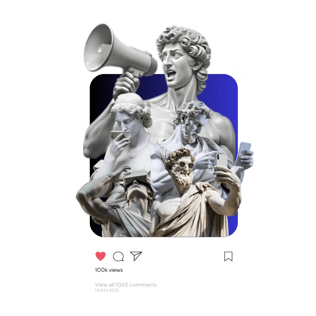 Artistic image of classical statues interacting with mobile phones, overlaid on an Instagram post showing 100k views, representing successful social media marketing in Dehradun.