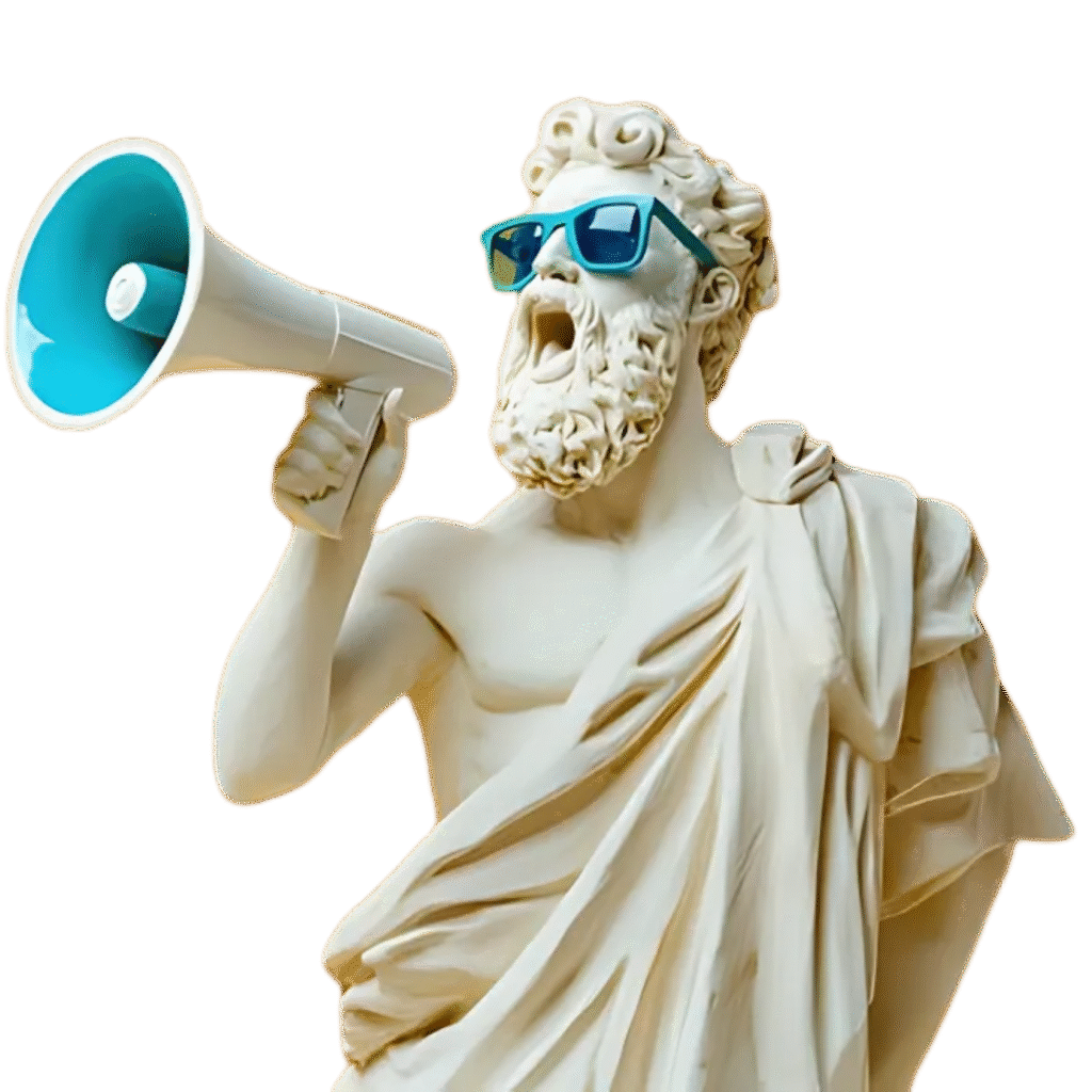 Artistic image of a classical bust wearing sunglasses next to a megaphone, representing the creative and bold approach of a social media marketing company in Dehradun.