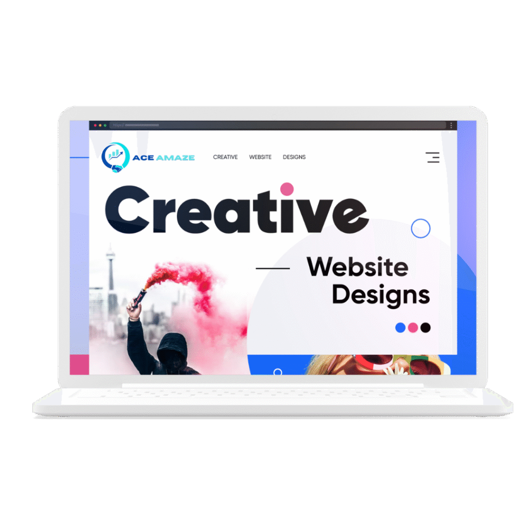 A laptop displaying a modern, vibrant website design with the text "Creative Website Designs" and the ACE AMAZE logo, promoting the best website development company.
