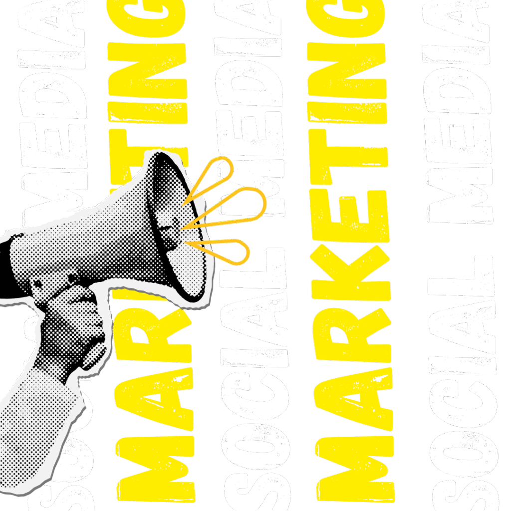 Graphic design featuring a hand holding a megaphone over bold text that reads "SOCIAL MEDIA MARKETING," symbolizing the voice of a leading digital marketing company in Dehradun.