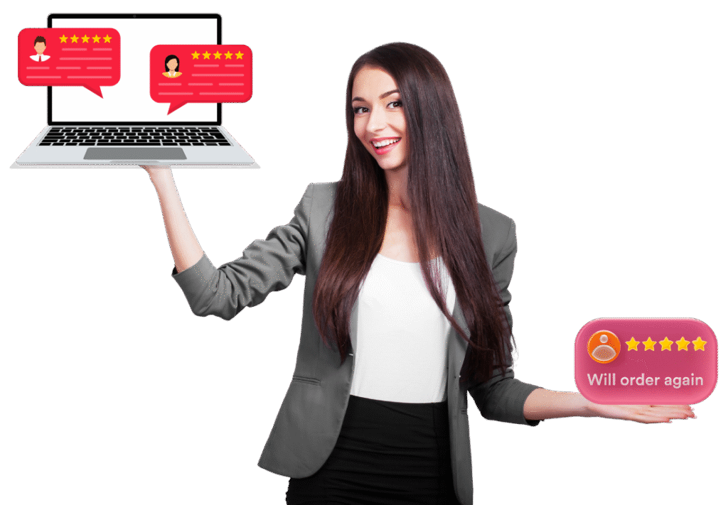 Professional showing positive feedback (five-star rating) to build trust and highlight the success of digital marketing services.