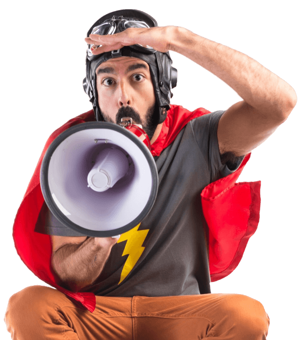 Stock image of a man in a red cape and goggles holding a megaphone and looking forward, symbolizing a strong marketing announcement and promotion.