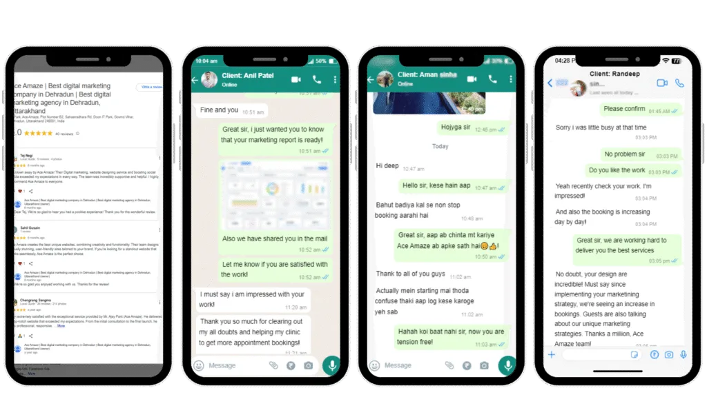 Screenshot of a positive WhatsApp client testimonial for Ace Amaze, the best digital marketing agency in India, praising their services.