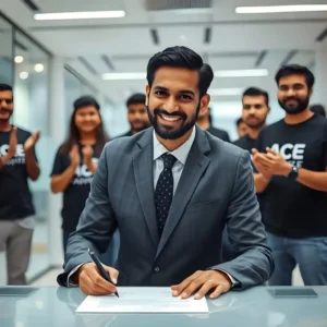“Team leader signing a contract at best digital marketing company in Dehradun office, with marketing team applauding in the background.