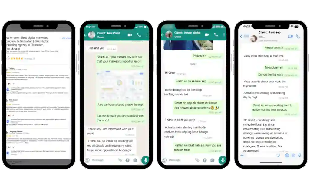 Screenshot of a positive WhatsApp client testimonial for Ace Amaze