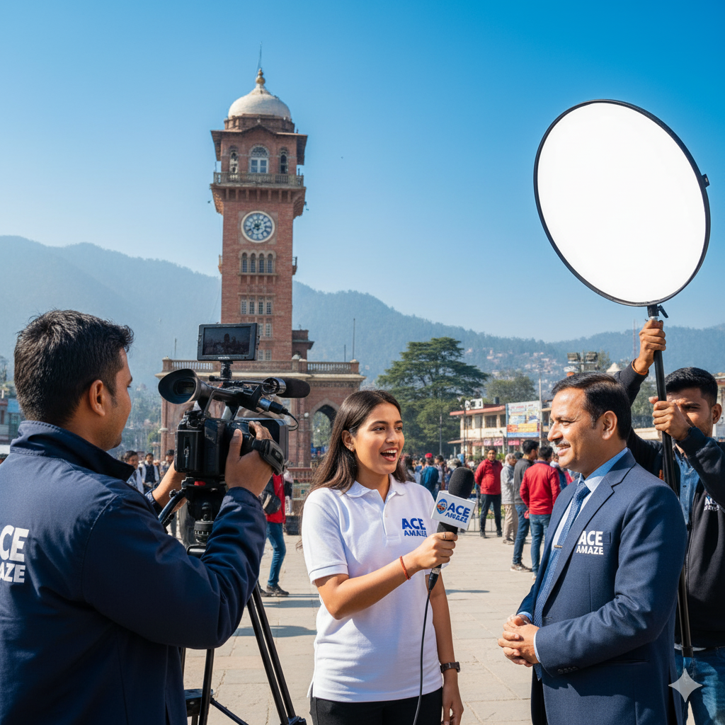 Ace Amaze team interviewing a business leader in front of the historic Dehradun Clock Tower, showcasing media coverage and brand authority.