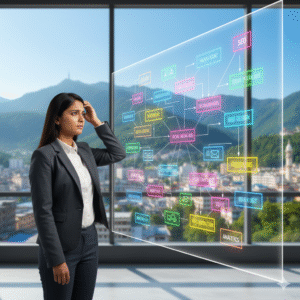 Businesswoman looking at a complex digital marketing strategy flowchart (SEO, Social Media, Analytics) at a digital marketing agency in dehradun.
