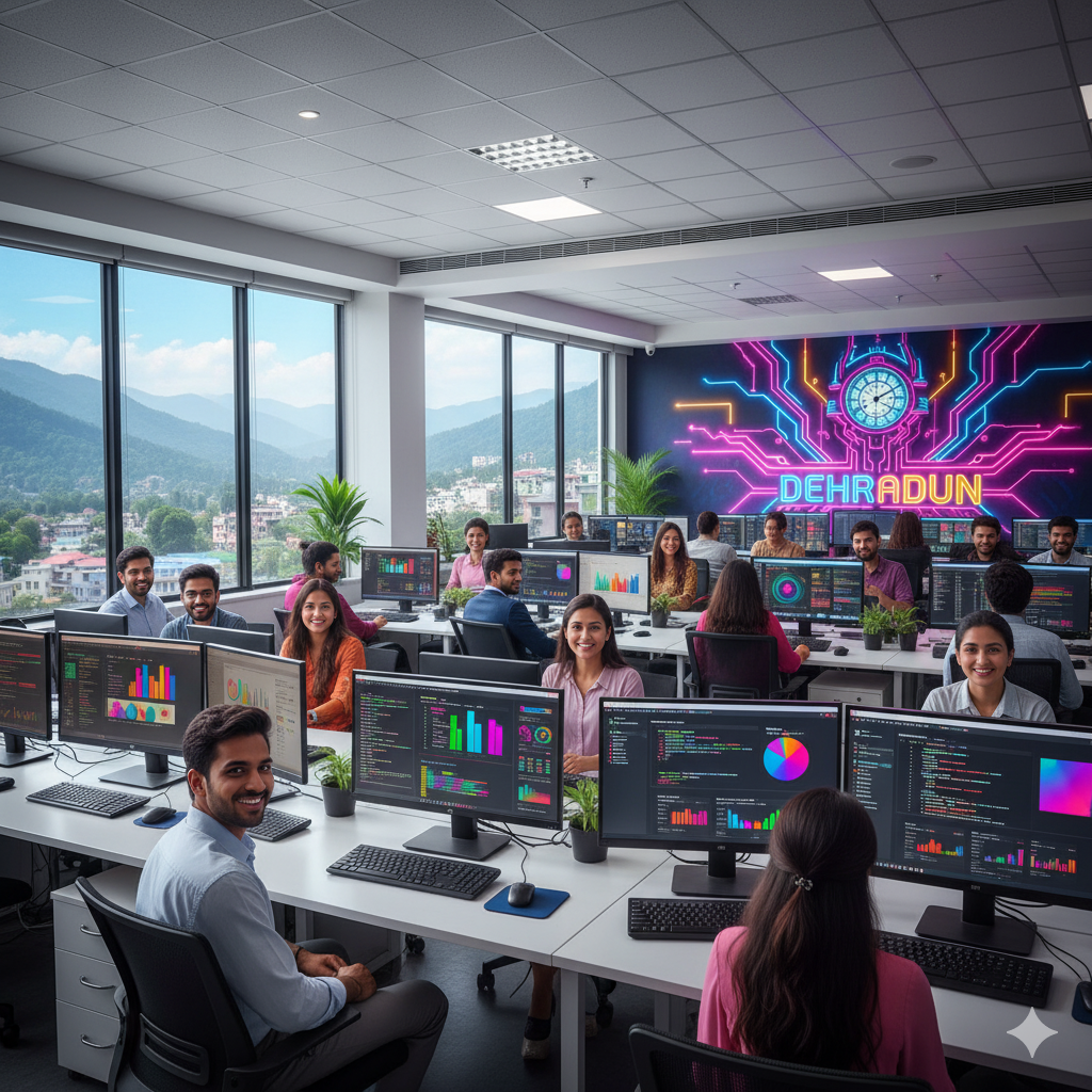 Ace Amaze office in Dehradun, Uttarakhand, showing the team analyzing data on multiple monitors for SEO and digital marketing campaigns.