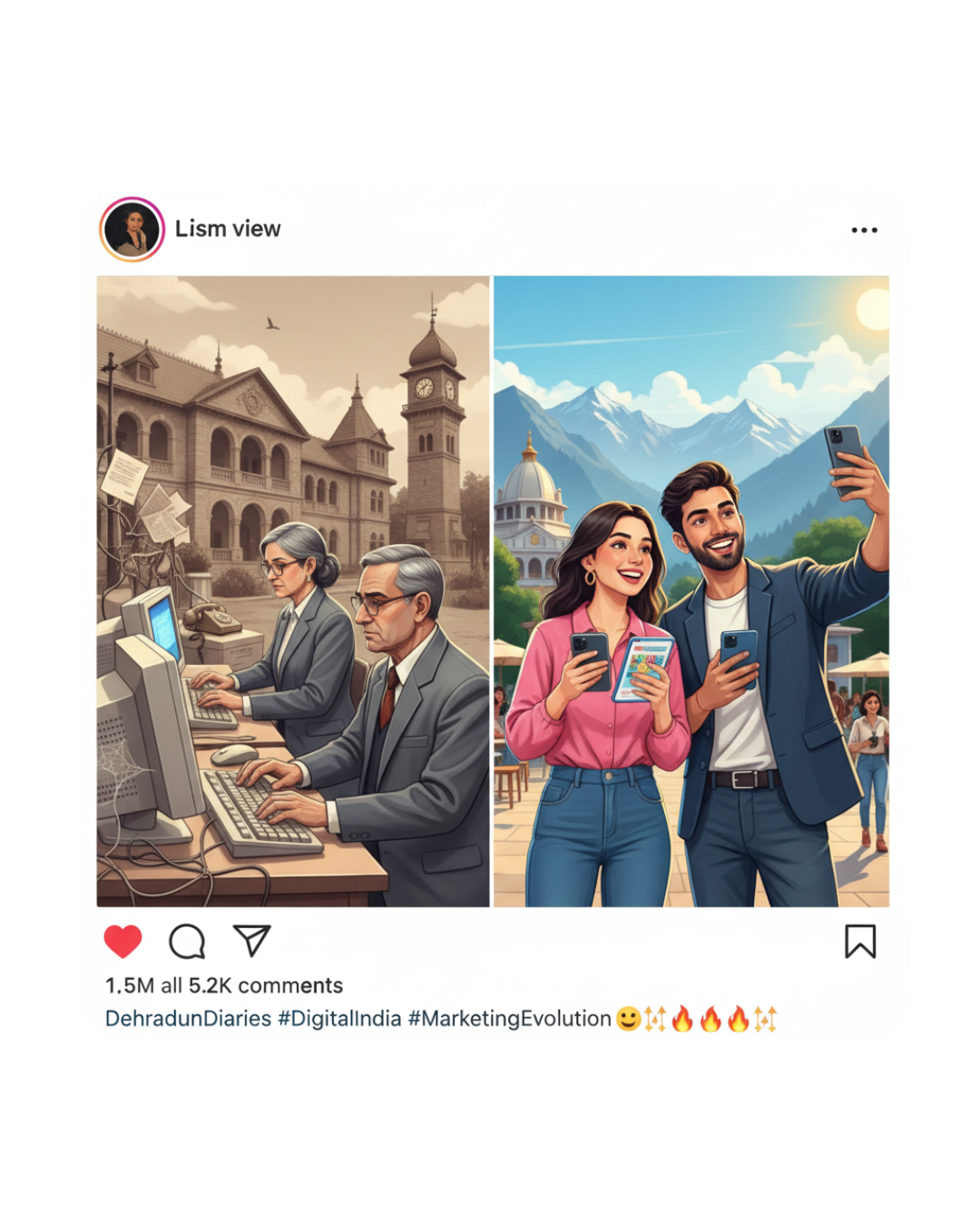 A split image showing old office workers vs. modern content creators taking a selfie in front of snowy mountains, symbolizing the transition to Digital Marketing in Dehradun (from "DehradunDiaries").