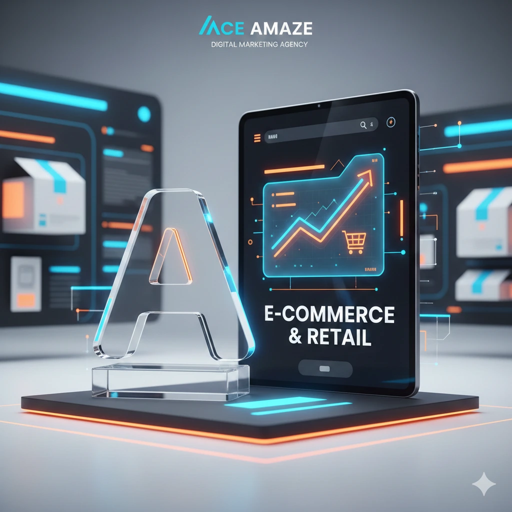 A 3D digital graphic for Ace Amaze Digital Marketing Agency featuring a glowing tablet displaying an upward-trending growth chart and the text "E-COMMERCE & RETAIL."