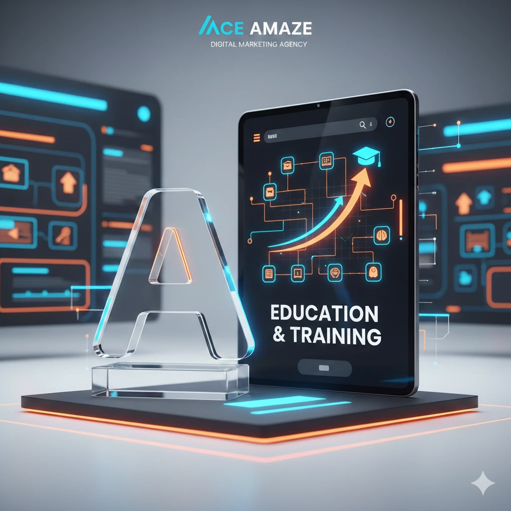 A 3D digital graphic for Ace Amaze Digital Marketing Agency featuring a tablet with an upward growth arrow, education icons (mortarboard, book, brain), and the text "EDUCATION & TRAINING."