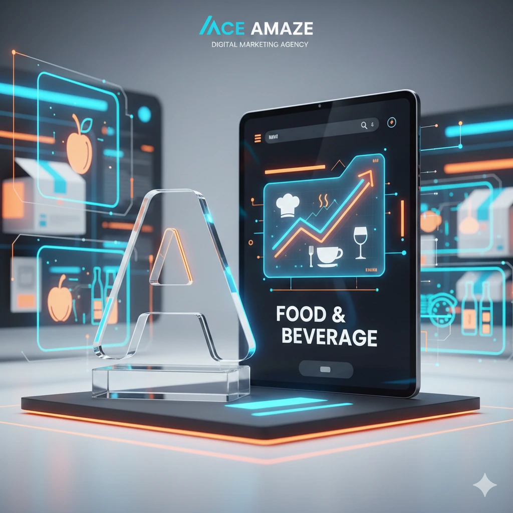 A 3D digital graphic for Ace Amaze Digital Marketing Agency featuring a glowing tablet displaying an upward-trending growth chart with culinary icons and the text "FOOD & BEVERAGE."