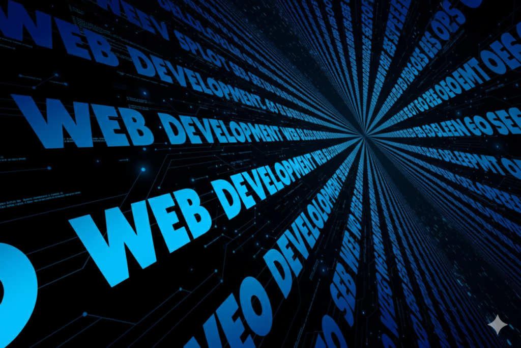 "Dynamic web development concept with blue digital typography representing cutting-edge website solutions in Dehradun"