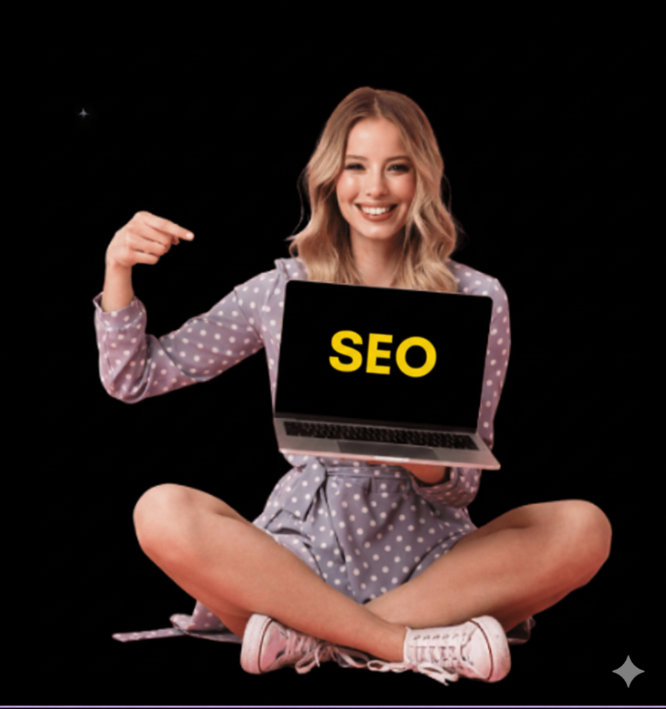 "SEO expert smiling and pointing at a laptop displaying SEO services in Dehradun"