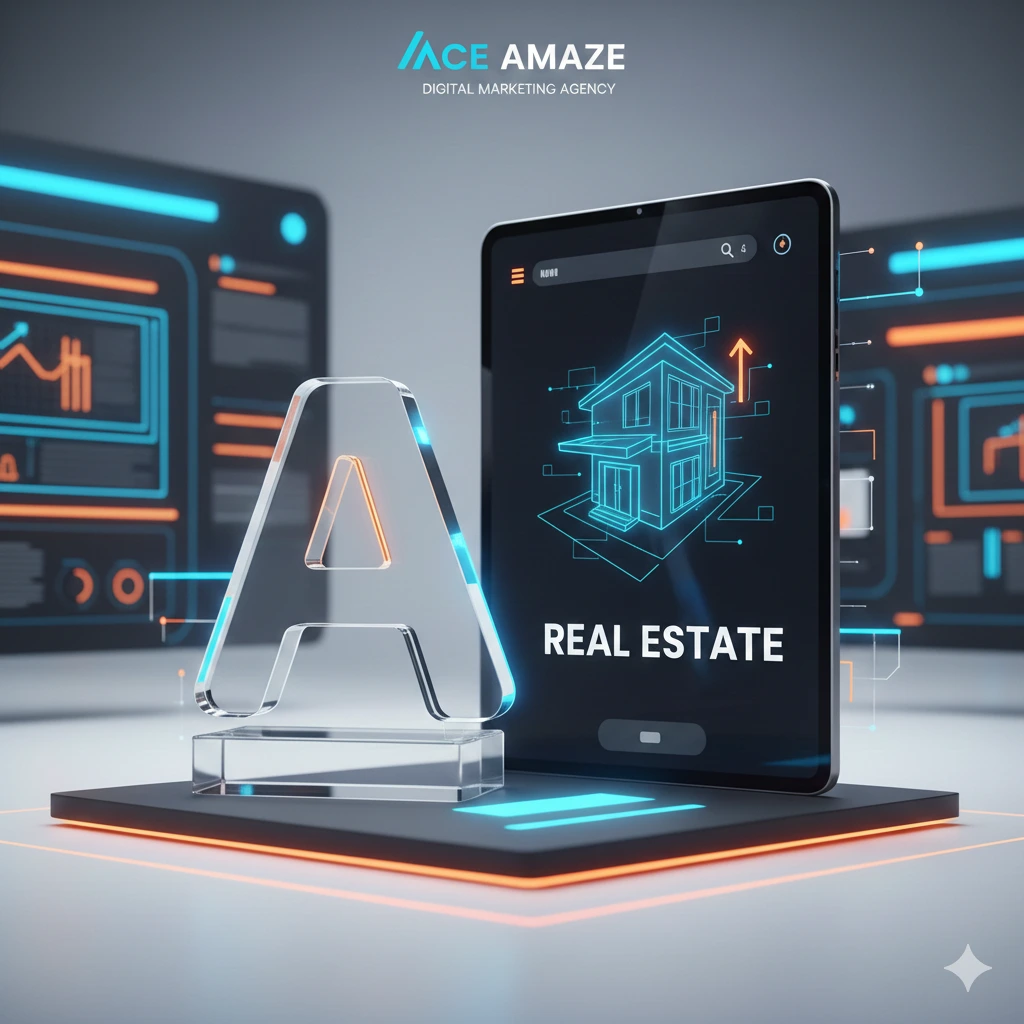 A 3D digital graphic for Ace Amaze Digital Marketing Agency featuring a glowing tablet displaying a neon house blueprint with an upward growth arrow and the text "REAL ESTATE."
