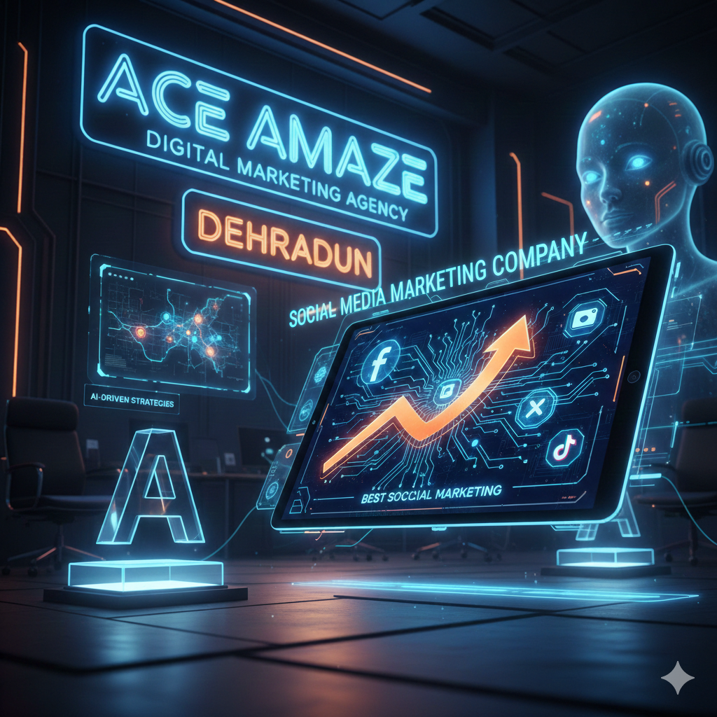 Futuristic Ace Amaze digital marketing agency office in Dehradun neon