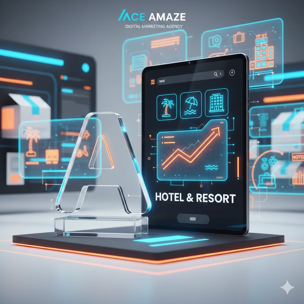A 3D digital graphic for Ace Amaze Digital Marketing Agency featuring a glowing tablet displaying an upward growth chart with hospitality icons and the text "HOTEL & RESORT."