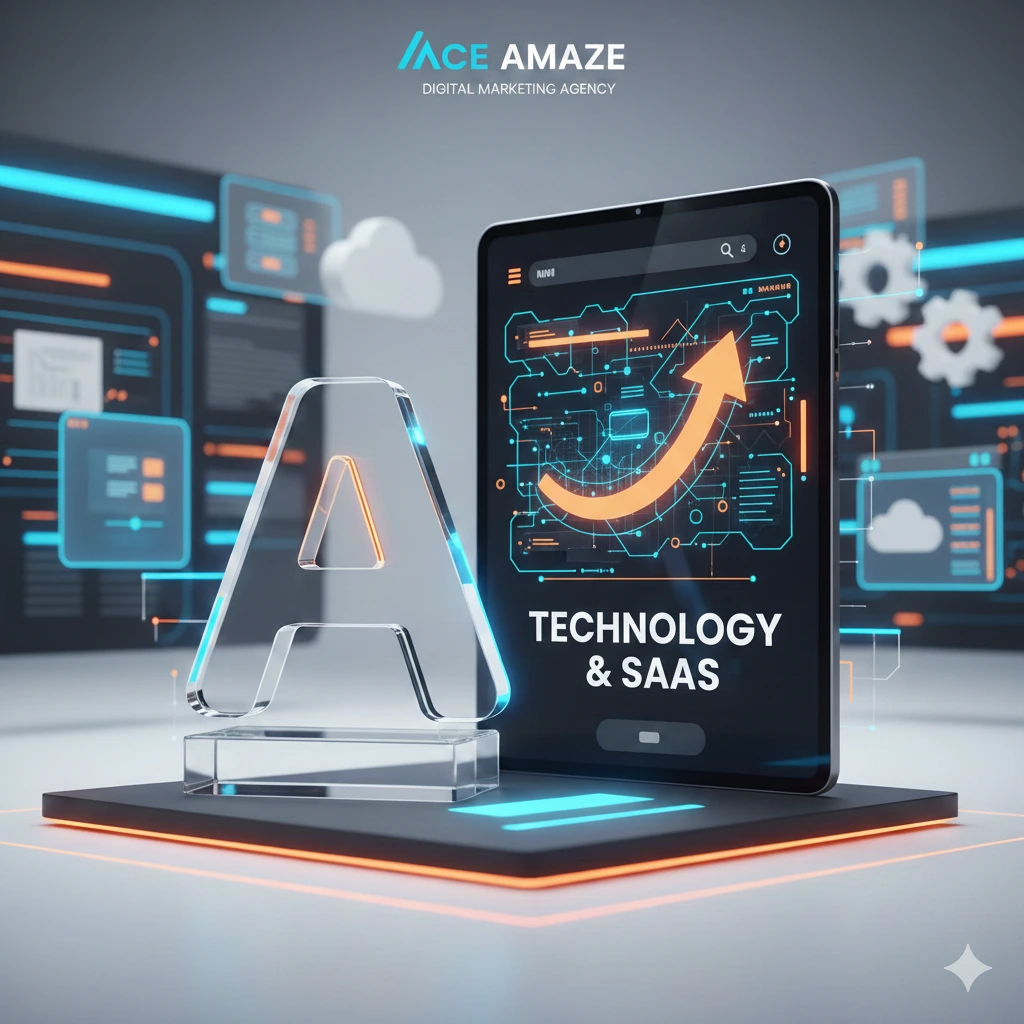 A 3D digital graphic for Ace Amaze Digital Marketing Agency featuring a tablet with a large upward-curving arrow, circuit board patterns, and the text "TECHNOLOGY & SAAS."