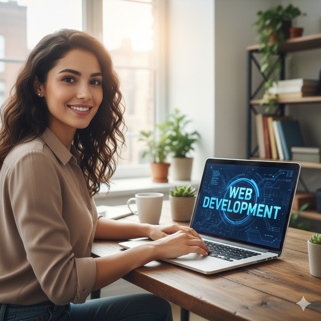 "Professional web developer smiling at her laptop showcasing web development services in Dehradun"