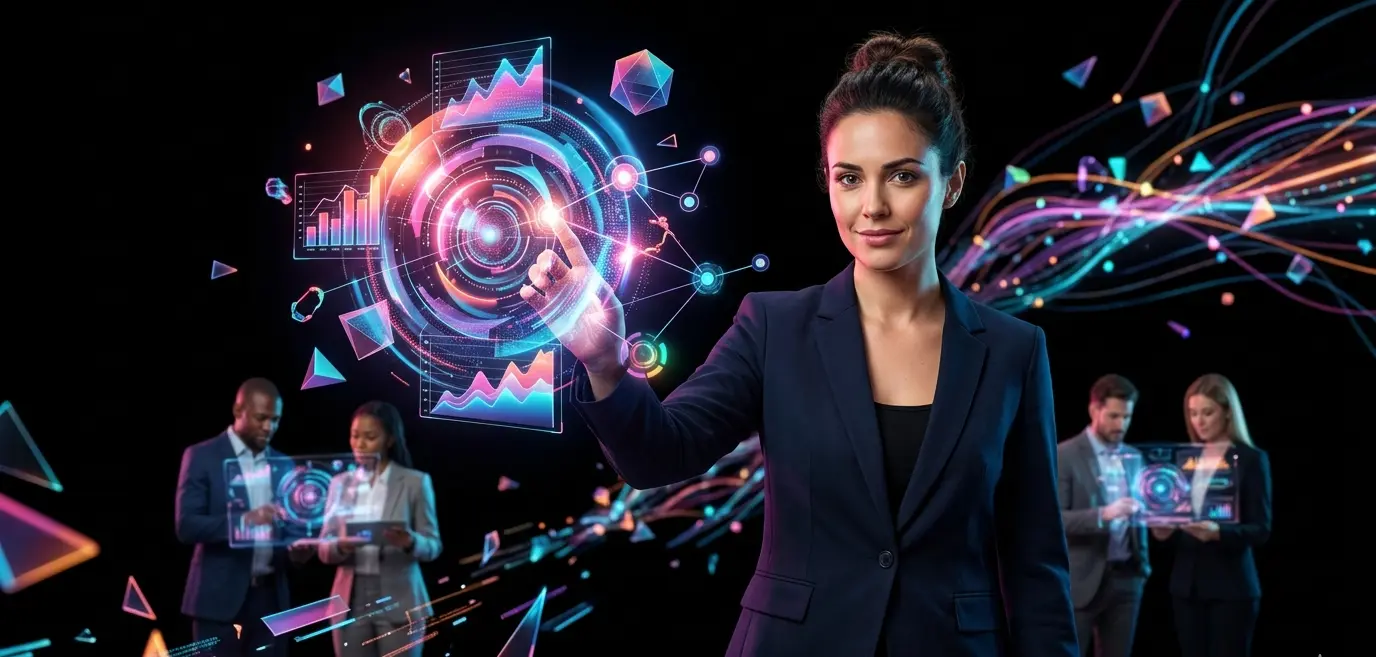 A confident businesswoman in a navy blazer touching a glowing holographic analytics dashboard with growth charts, surrounded by a diverse team working on digital interfaces against a vibrant neon-lit dark background.