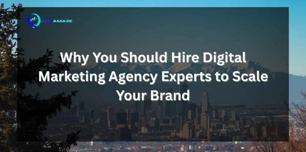 A scenic view of a city skyline with snow-capped mountains in the background, featuring a dark overlay with white text that reads "Why You Should Hire Digital Marketing Agency Experts to Scale Your Brand" and the "Ace Amaze" logo in the top left corner.