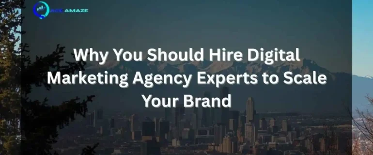 Best Digital Marketing Agency in Dehradun Branding , Marketing and Advertising Solutions (1) A scenic view of a city skyline with snow-capped mountains in the background, featuring a dark overlay with white text that reads "Why You Should Hire Digital Marketing Agency Experts to Scale Your Brand" and the "Ace Amaze" logo in the top left corner.