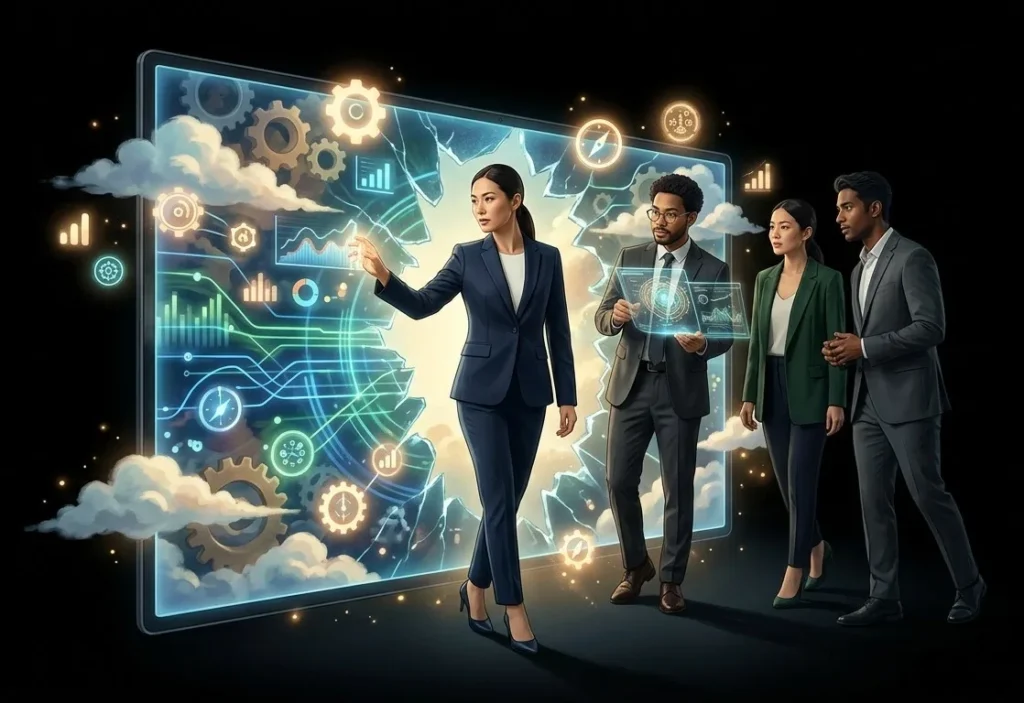 A confident businesswoman in a navy suit interacting with a glowing holographic digital dashboard featuring gears, analytics charts, and circuit elements, while three diverse business professionals observe attentively beside her.