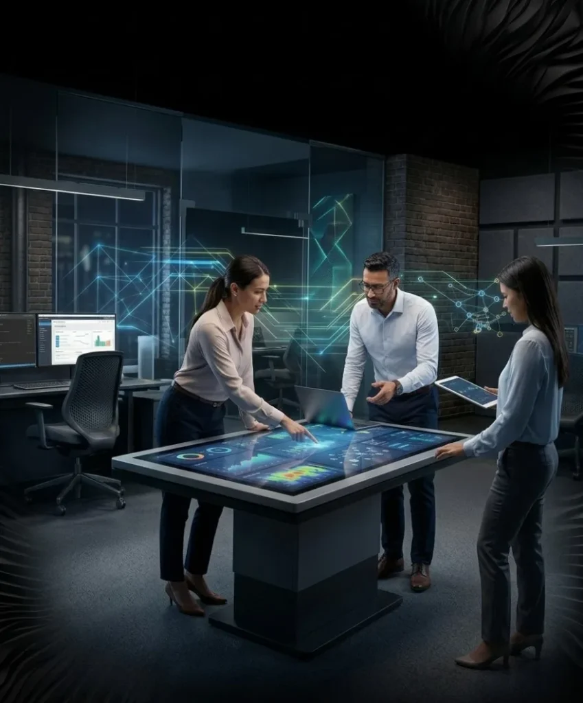 Three digital marketing professionals collaborating around a futuristic interactive touch table displaying glowing analytics dashboards and data visualisations in a sleek dark high-tech office in Roorkee.