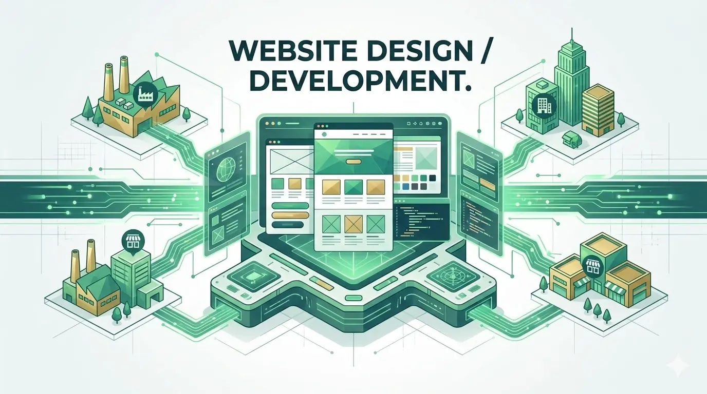 A faceted low-poly globe with business icons is surrounded by a spiraling structure of translucent green hexagonal blocks and data streams, symbolizing global growth and connectivity.