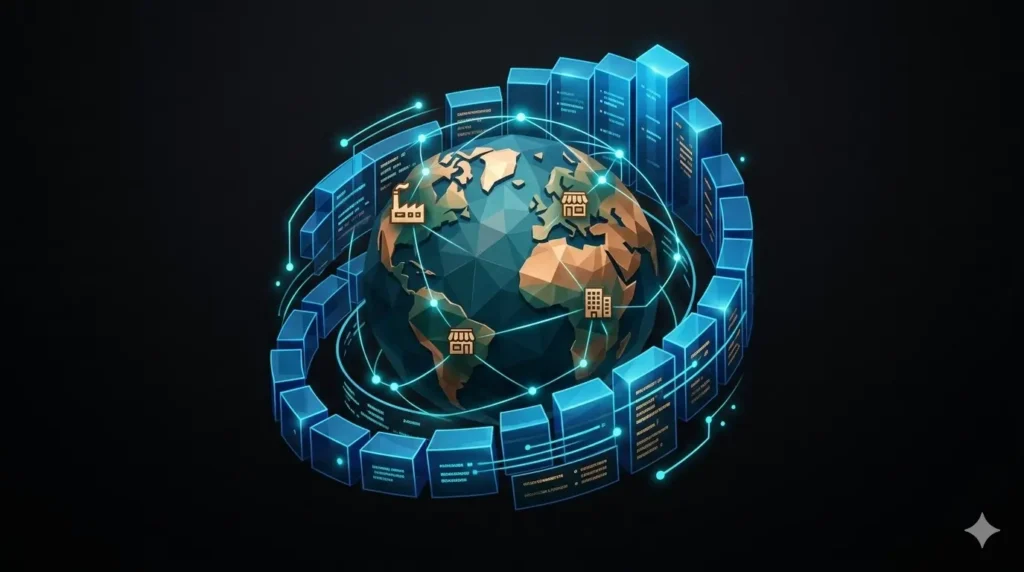 A 3D isometric infographic showing a low-poly globe encircled by stacked data blocks with glowing blue digital light connections, set against a dark background with business icons on the continents.
