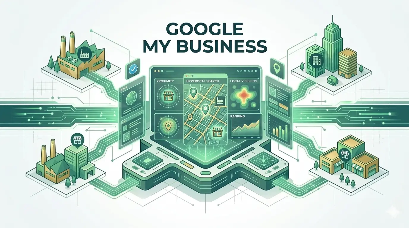 A faceted low-poly globe with factory, store, and office icons is surrounded by a ring of glowing green, translucent blocks and data streams, symbolizing global growth and network connectivity against a white background.