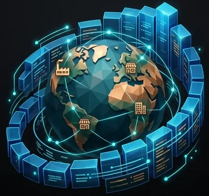 A 3D isometric infographic showing a low-poly globe encircled by stacked data blocks with glowing blue digital light connections, set against a dark background with business icons on the continents.
