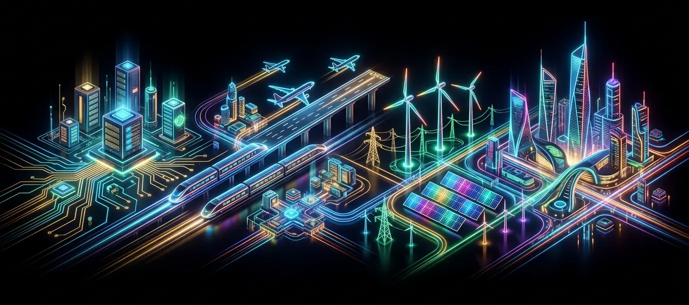 A vibrant neon isometric illustration of industries served by Ace Amaze including technology, aviation, rail transport, renewable energy (wind turbines and solar panels), real estate, and smart city infrastructure glowing on a dark background.