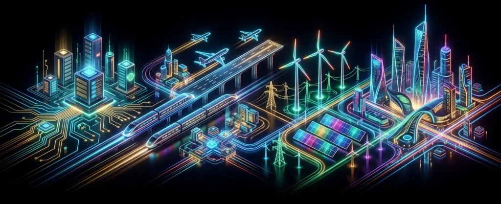 Neon isometric illustration of industries served including technology, aviation, high-speed rail, renewable energy with wind turbines and solar panels, smart city infrastructure, and real estate on a dark background.