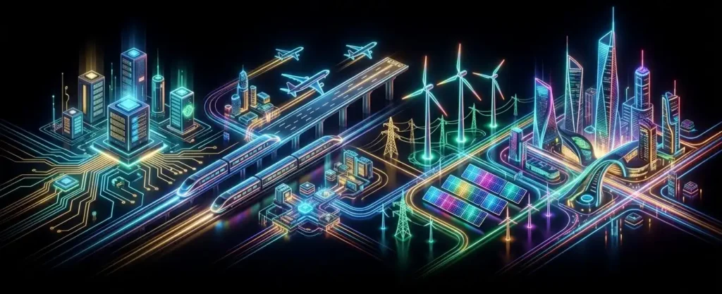 A vibrant neon isometric illustration of industries served by Ace Amaze including technology, aviation, rail transport, renewable energy (wind turbines and solar panels), real estate, and smart city infrastructure glowing on a dark background.