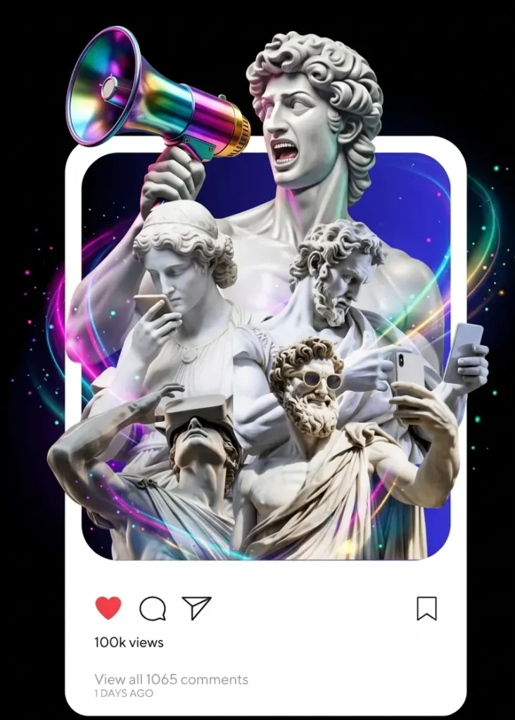 A creative digital art composition of classical Greek marble statues using modern smartphones and a holographic megaphone, displayed as a viral social media post with 100K views and 1065 comments against a neon galaxy background.