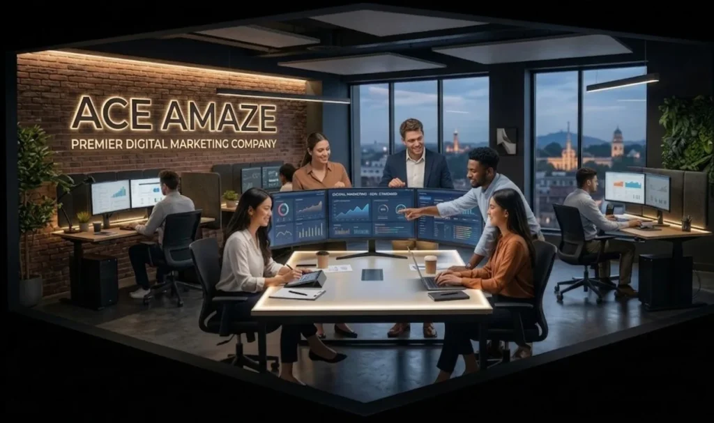 Ace Amaze Premier Digital Marketing Company team collaborating around a multi-screen analytics dashboard in a modern Roorkee office with brick wall branding, city night view, and multiple workstations in the background.