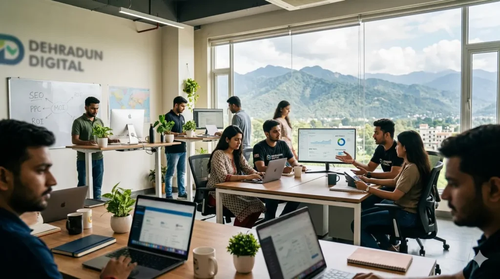 Dehradun Digital agency team working collaboratively in a bright modern office with mountain views, laptops, analytics dashboards, and a whiteboard showing SEO, PPC, and ROI strategy notes.