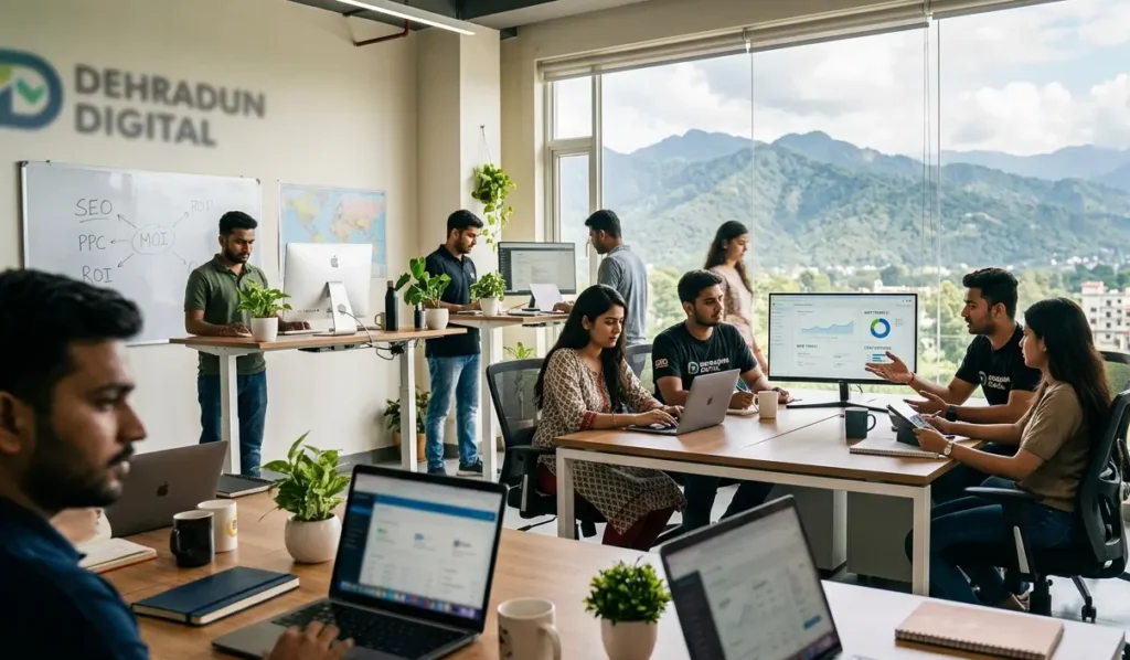 Dehradun Digital agency team working collaboratively in a bright modern office with mountain views, laptops, analytics dashboards, and a whiteboard showing SEO, PPC, and ROI strategy notes. the best performance marketing company in Dehradun
