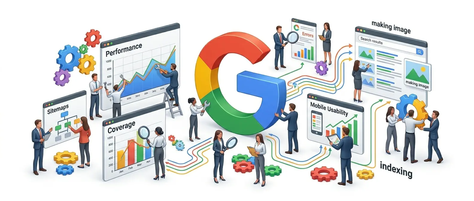 "Illustration of Google Search Console featuring business professionals working with Performance, Coverage, Sitemaps, Mobile Usability, and Errors reports. Large colorful Google 'G' logo is prominently displayed with gears, charts, and data visualizations."