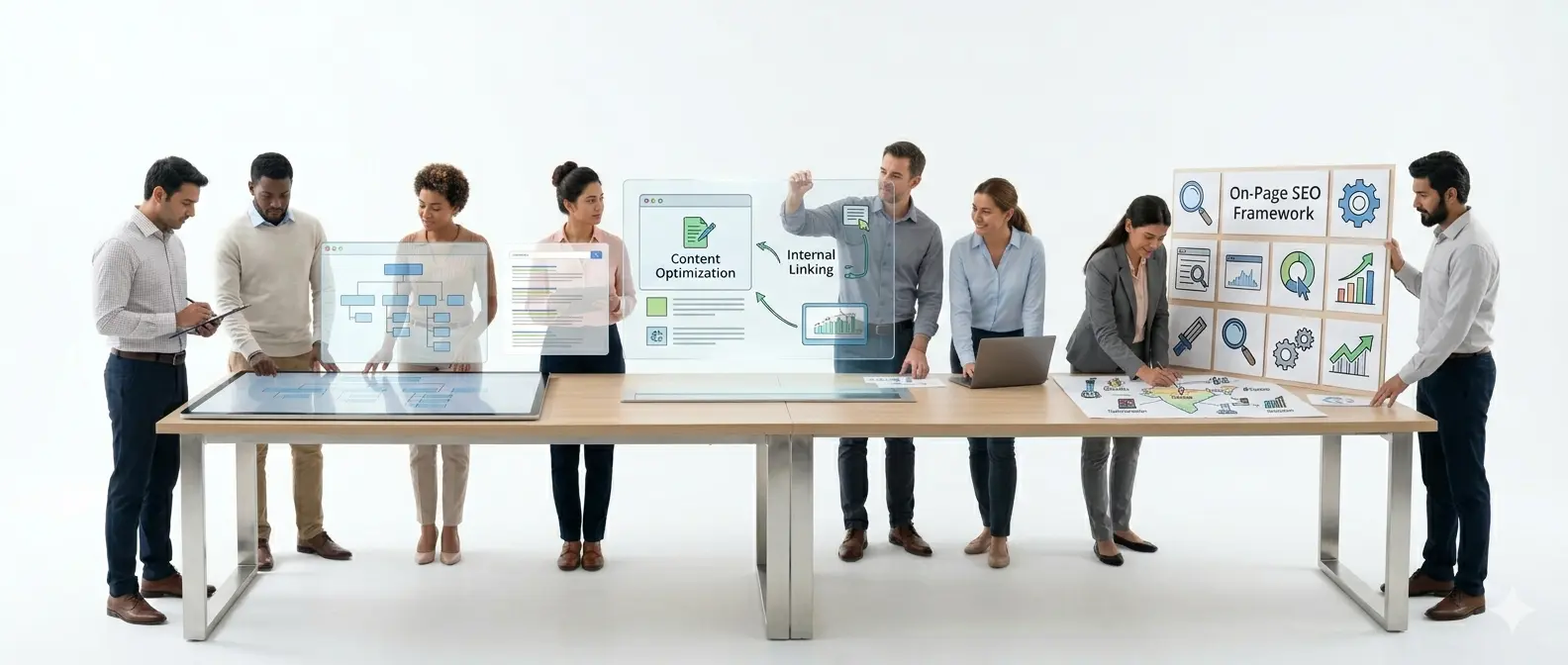 "Business team standing around a large table discussing on-page SEO strategy. They are reviewing holographic displays showing Content Optimization, Internal Linking, and an On-Page SEO Framework with charts and icons."
