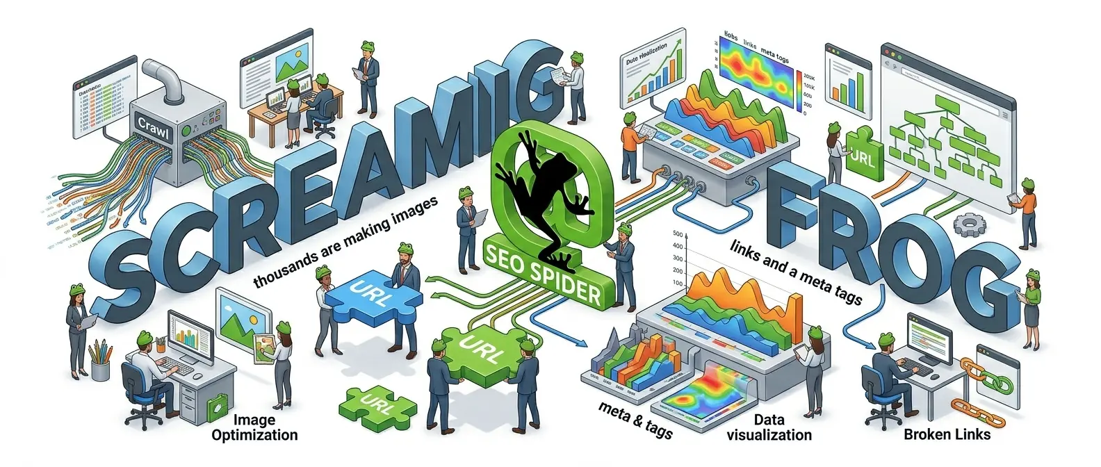 "Illustration of Screaming Frog SEO Spider tool showing website crawling, URL analysis, meta tags, broken links, image optimization, and data visualization. Large 'Screaming Frog' logo with a green frog spider icon is prominently displayed."