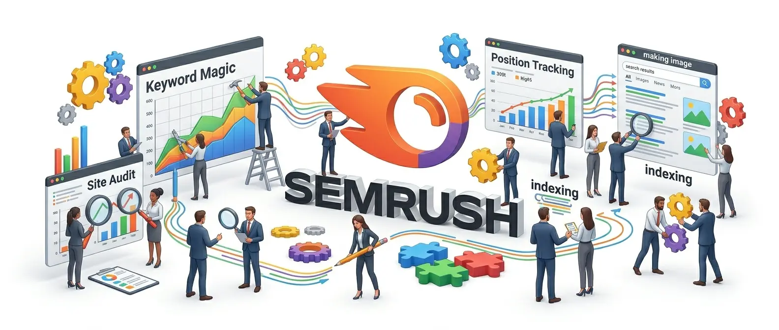 "Illustration of SEMrush tools featuring business professionals working with Keyword Magic, Site Audit, Position Tracking, and indexing features. Large SEMrush logo is prominently displayed with colorful gears, charts, and puzzle pieces."